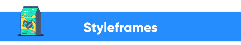 A blue banner with the word "Styleframes" and an illustration of a coffee beans bag.