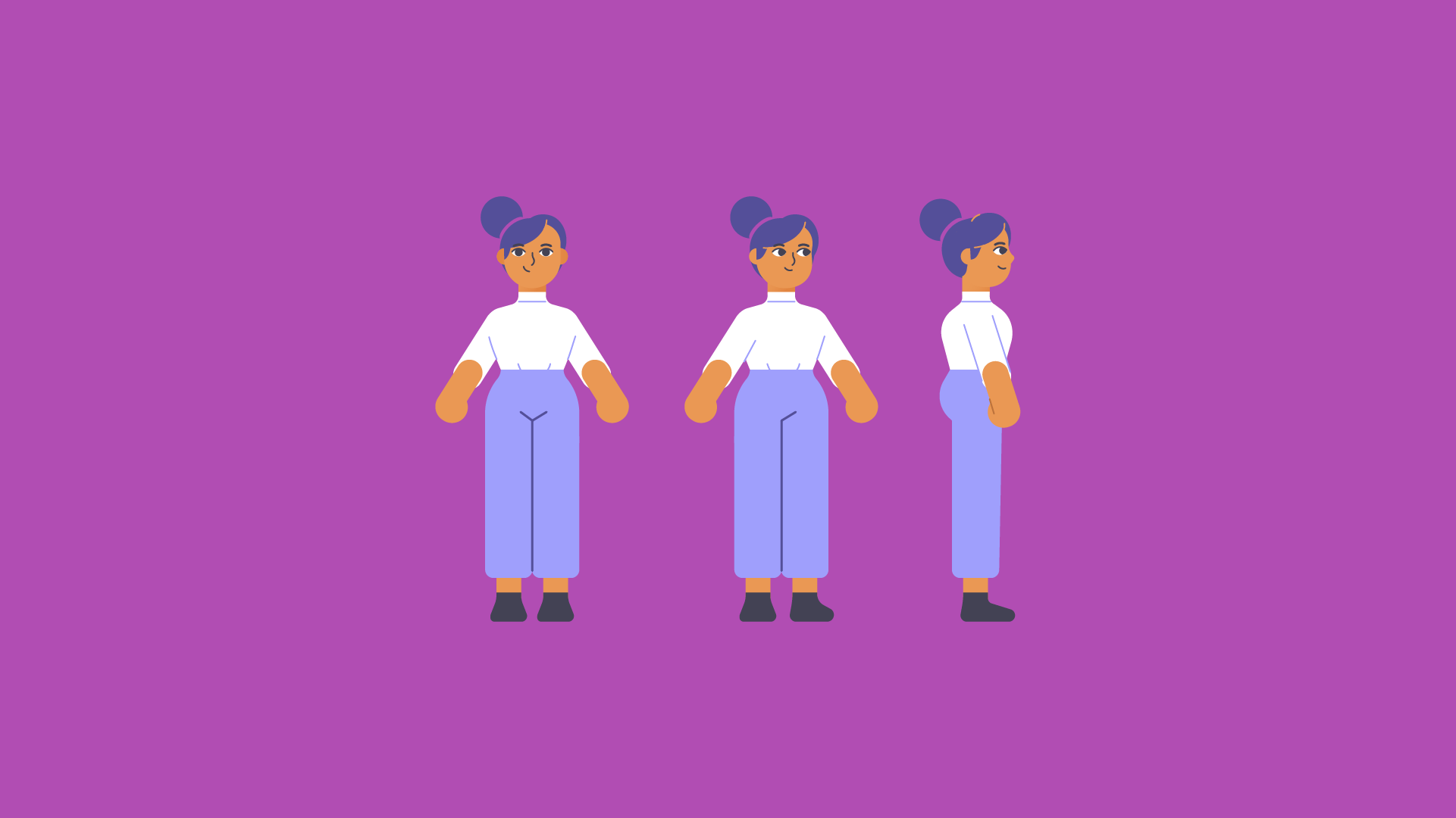 Animated illustration of a woman in three different poses, standing against a purple background, wearing a white shirt and blue wide-leg pants.