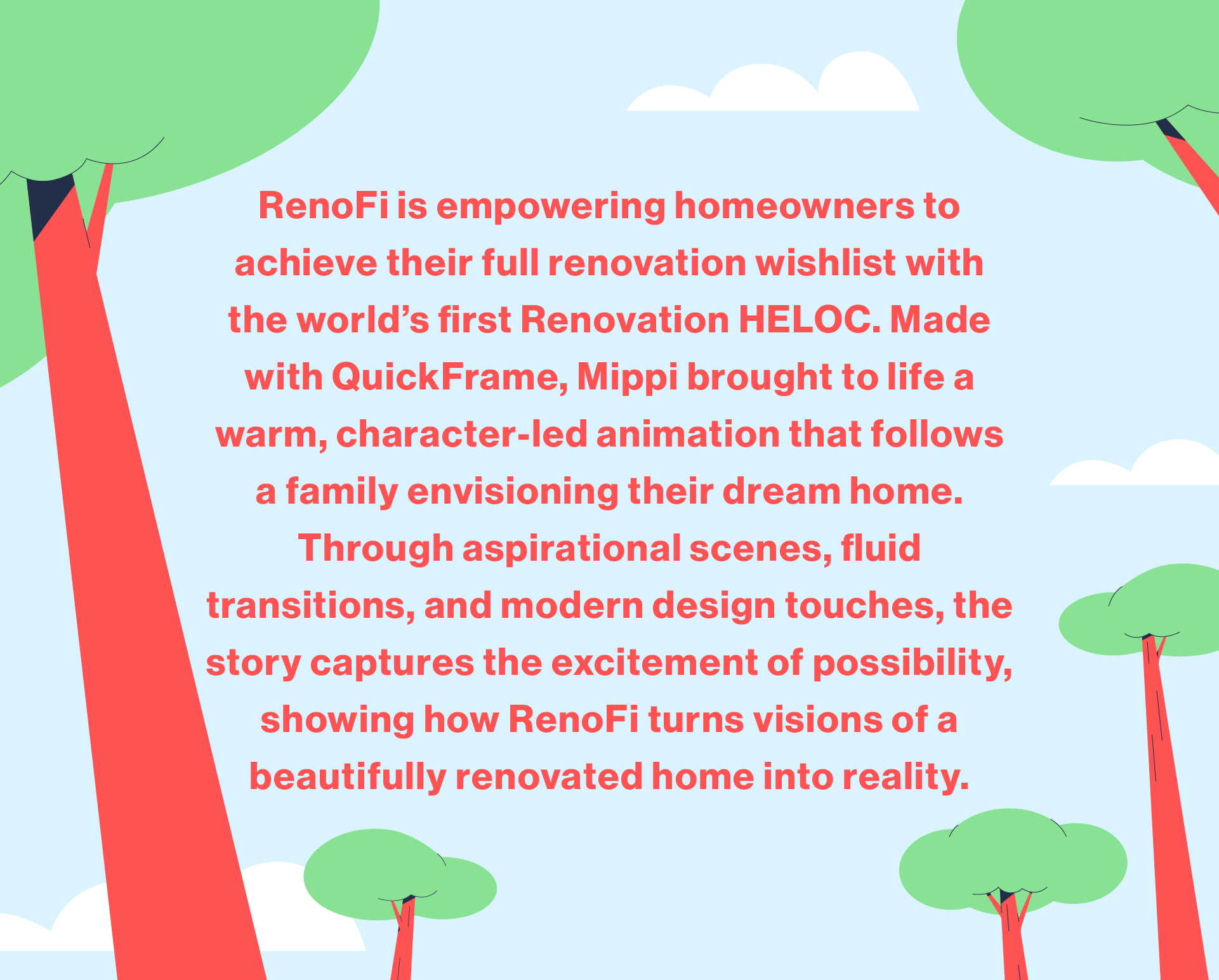 Text on a light blue background with trees and clouds, explaining RenoFi's renovation finance solutions.