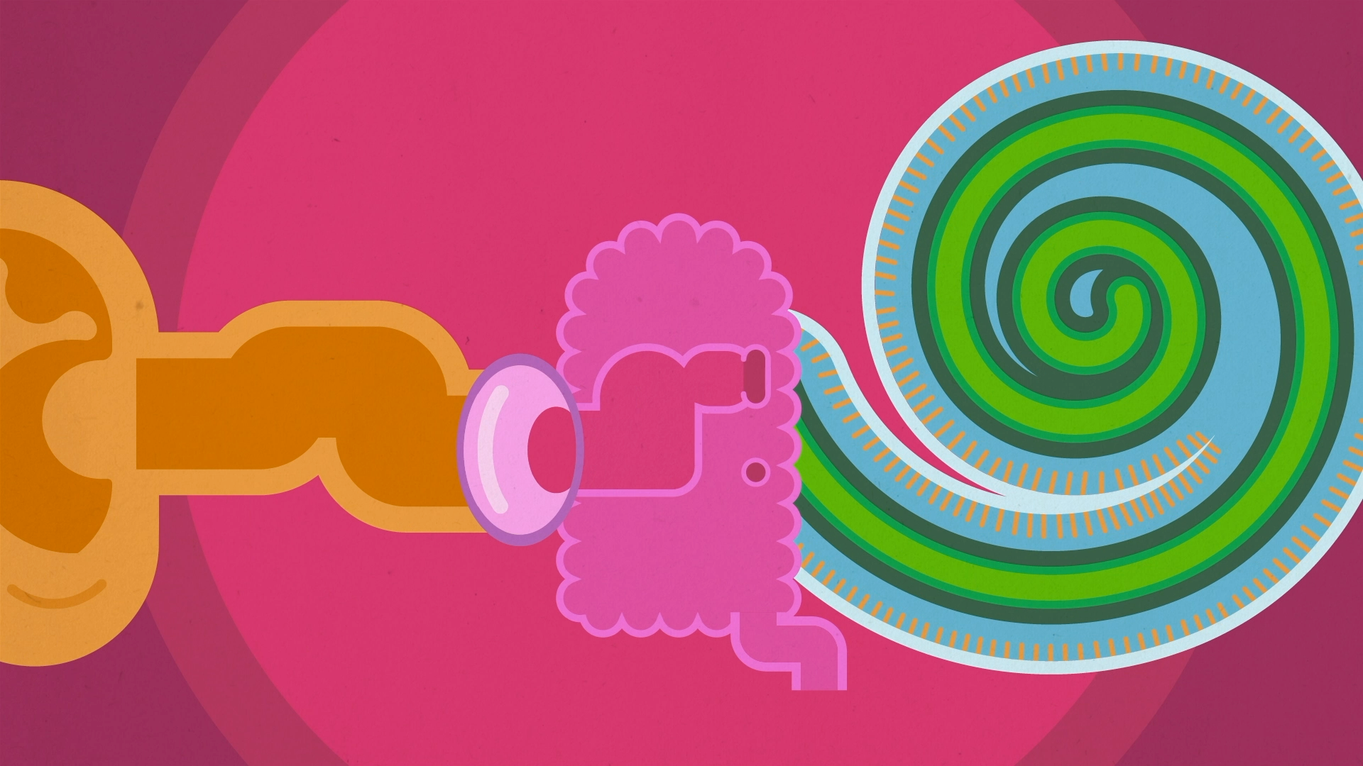 Abstract digital illustration of a pipe leading to a human brain with a colorful spiral pattern, set against a pink background.