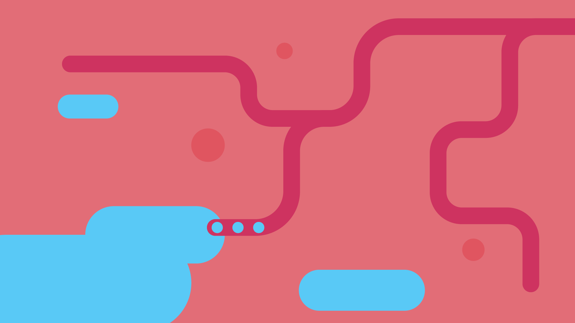 Abstract digital illustration featuring pink and blue fluid shapes connected by red lines on a pink background.