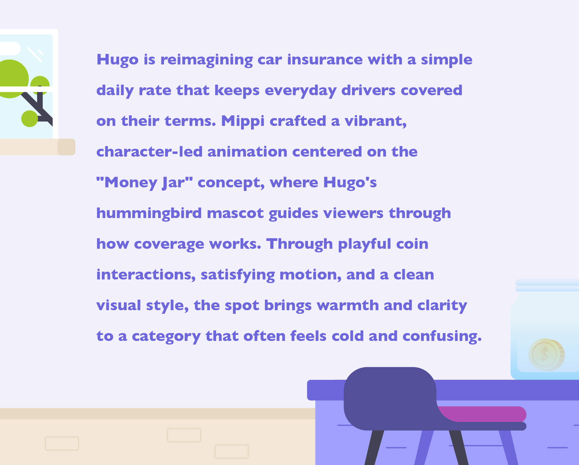 Digital illustration of a laptop screen displaying text about car insurance, next to a blue table with a stack of books and a small golden dollar sign coin.