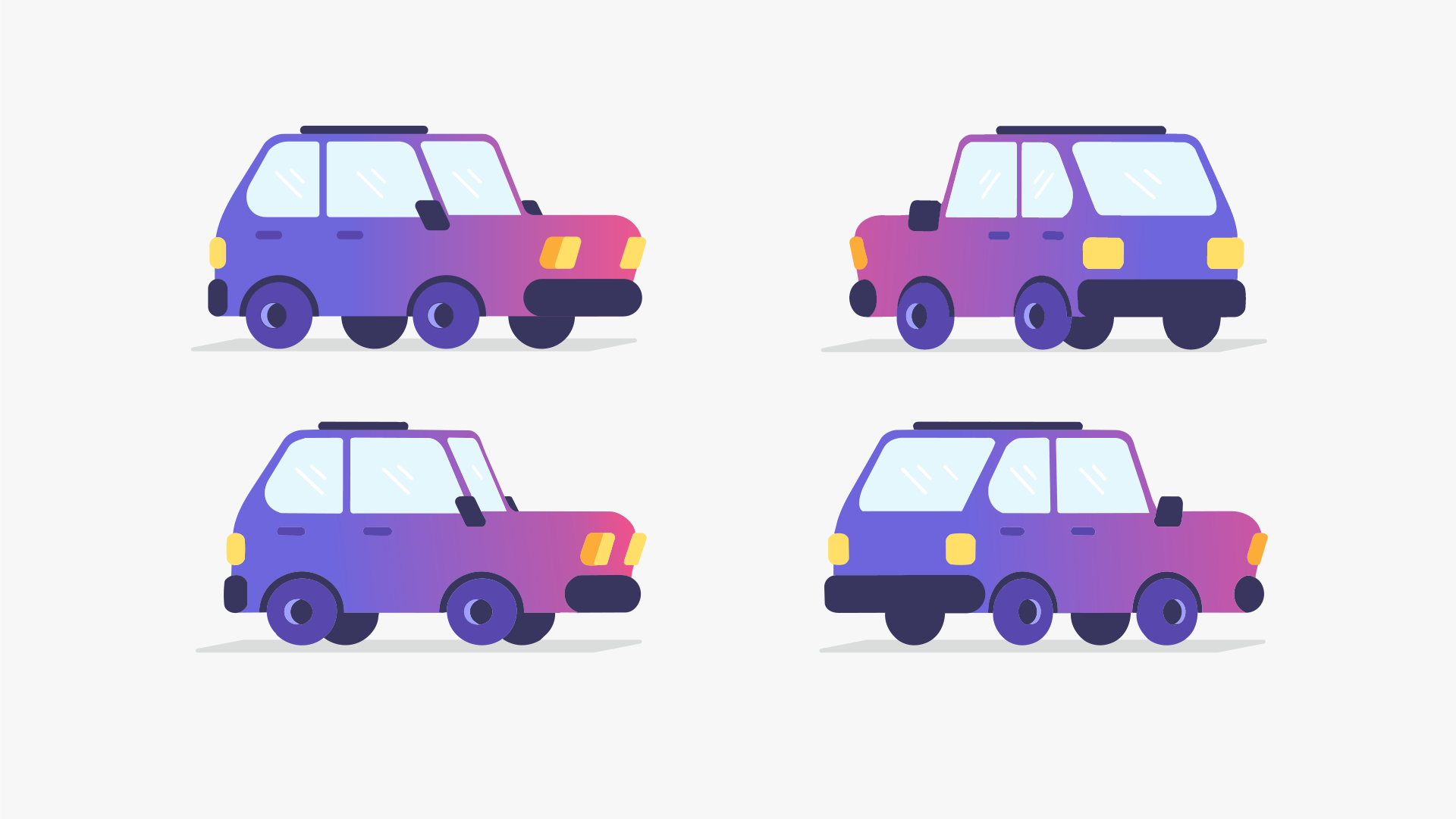 Pattern of four cartoon-style cars with purple and pink gradients and yellow headlights, displayed on a white background.