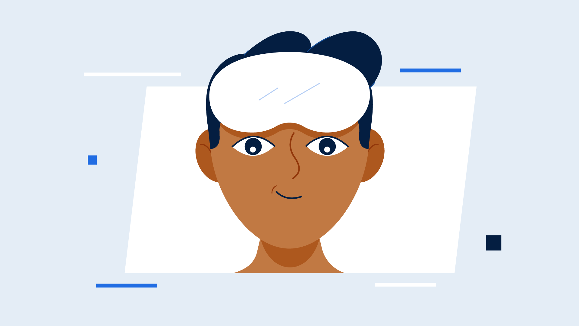Digital illustration of a person with dark blue hair, and a white sleep mask on forehead, smiling