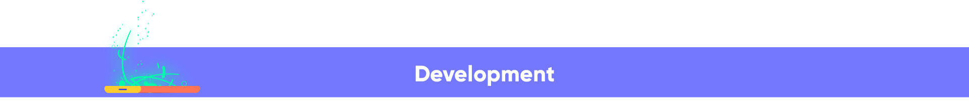 A colorful banner with the word "Development" in white text on a purple background, virus coming out of phone.