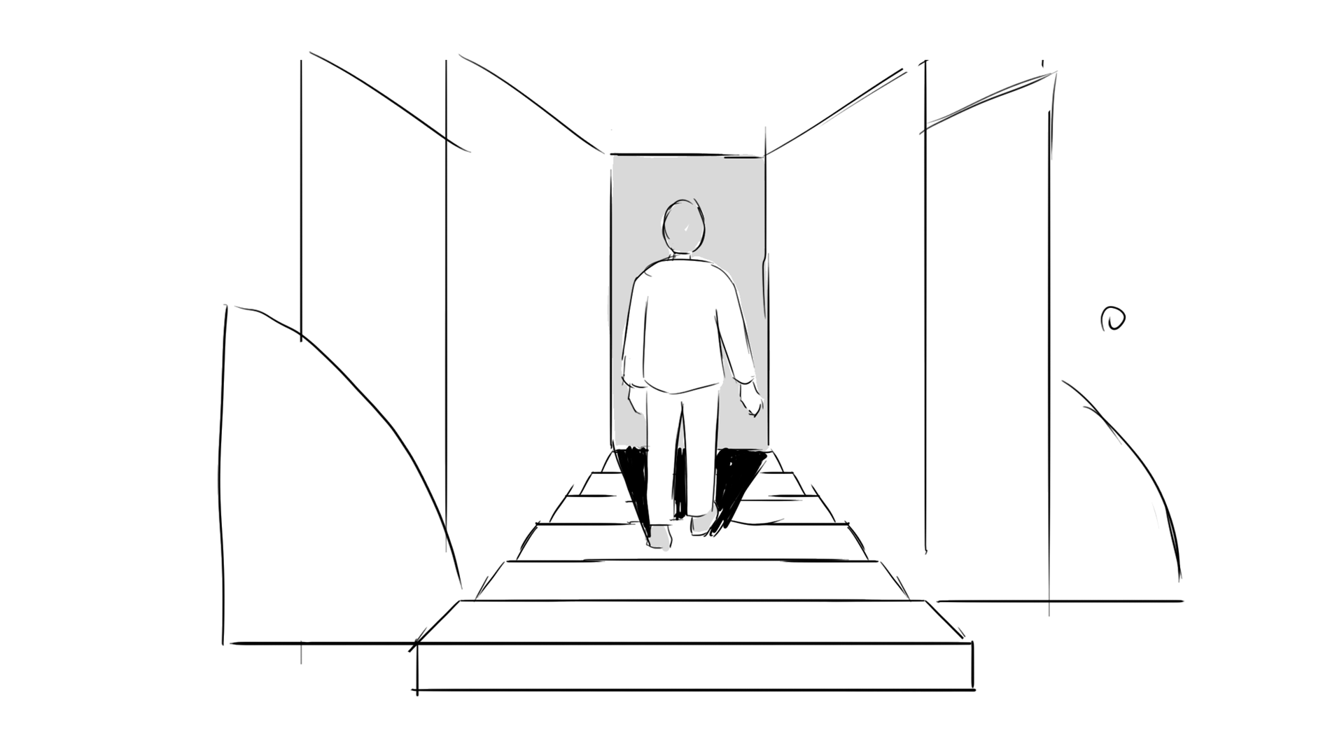 A sketch of a person walking down a hallway with walls on both sides and a door at the end. The person is seen from behind, wearing a coat and pants.