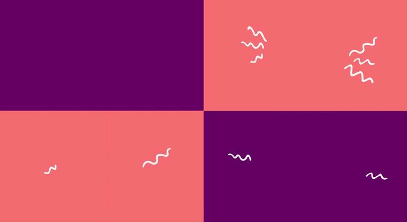 A colorful abstract graphic with four quadrants, two in shades of pink and two in shades of purple, with white squiggly lines scattered across.