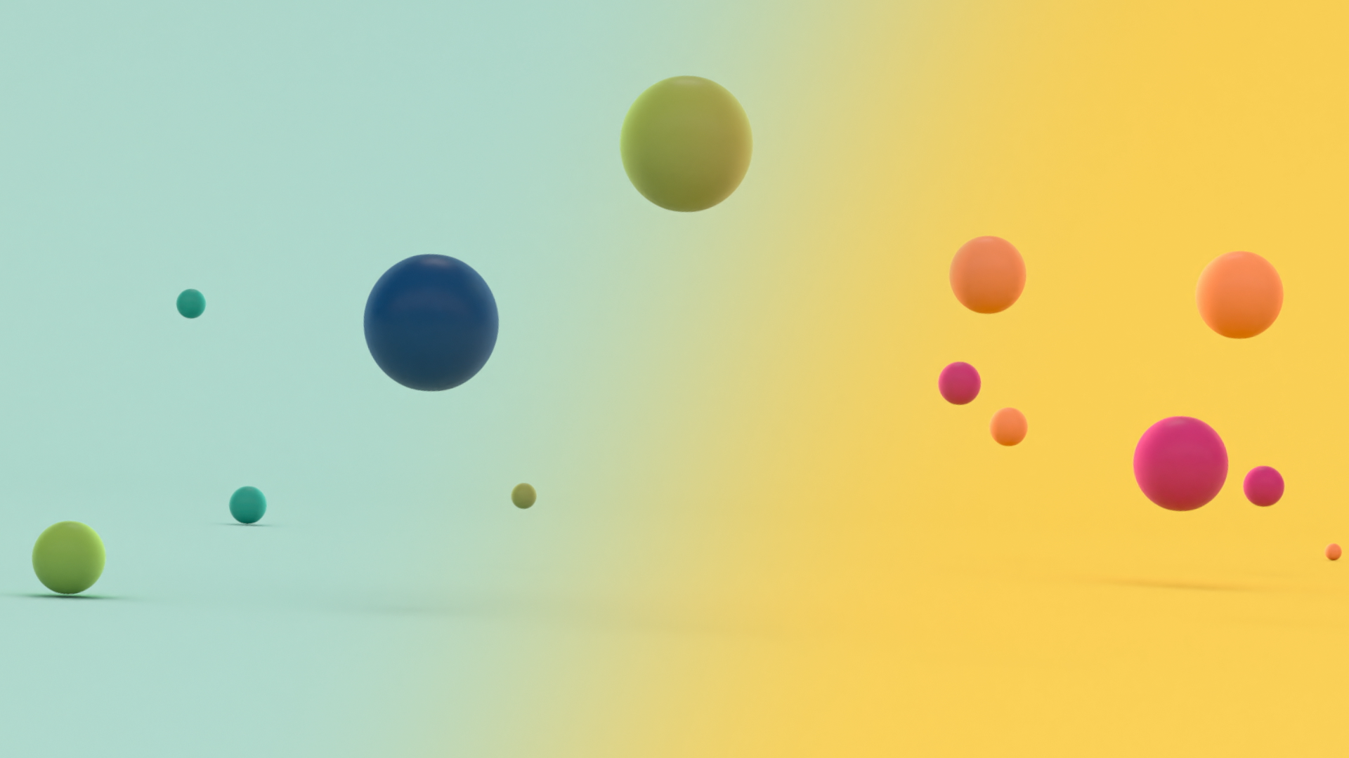 An abstract image with colorful floating spheres on a two-tone background, light blue on the left and yellow on the right.