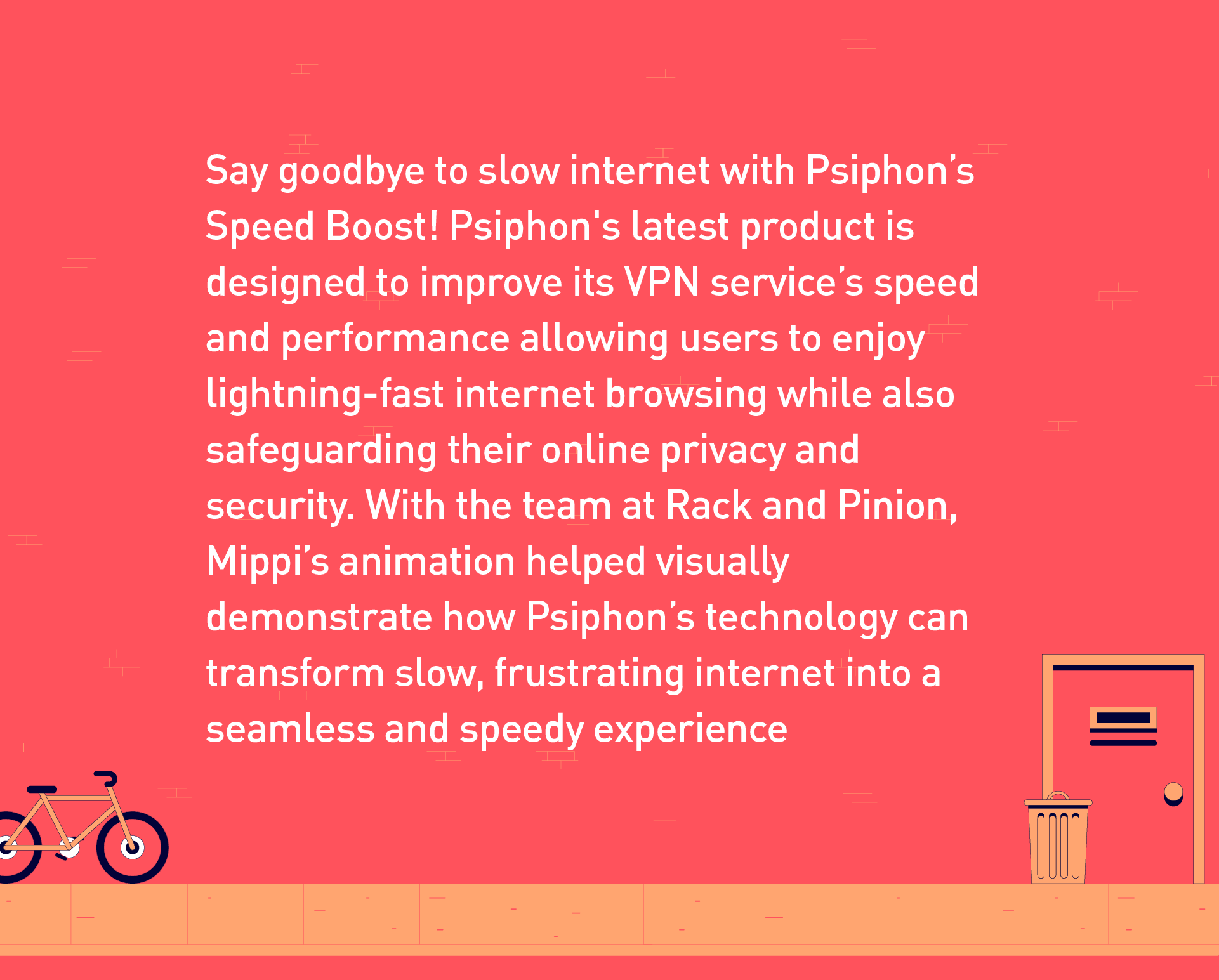 Promotional digital graphic for Pishon's Speed Boost VPN product with a red background, featuring cartoon illustrations of a bicycle, a trash can, and a smartphone, with white and orange text describing the product's benefits.