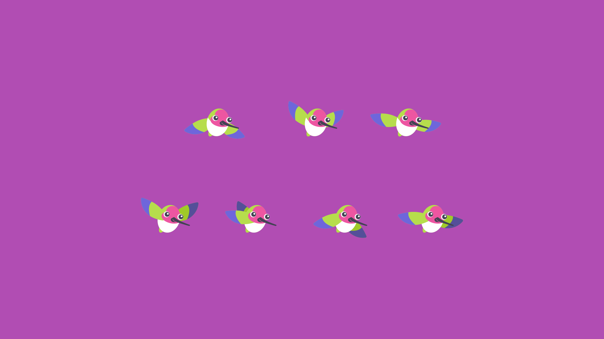 Six cartoon hummingbirds with pink faces, white bellies, green bodies, and blue and green wings against a purple background.