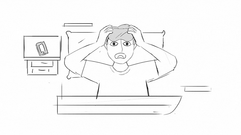 Sketch of a person sitting at a desk holding their head in distress, with a television and some furniture in the background.