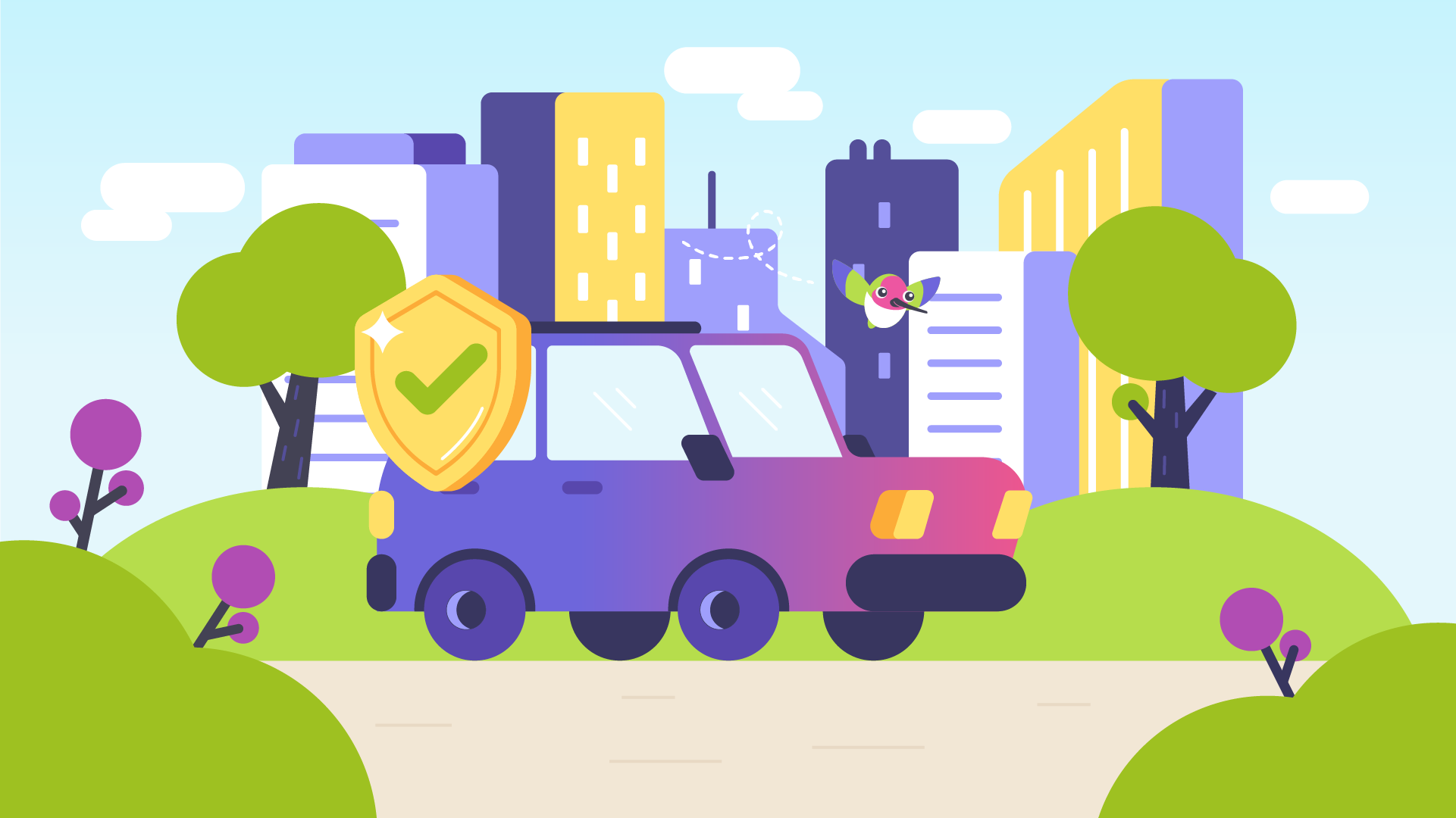 Cartoon illustration of a city park with a purple car featuring a shield with a green checkmark on its door, surrounded by green trees, purple shrubs, and a city skyline in the background.