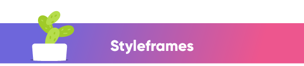 Banner with a potted plant hanging from a green string, purple background, and the word 'Styleframes' in white text.