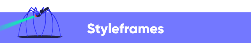 Illustration of a robotic spider over a horizontal blue banner with the word 'Styleframes' in white text, on a dark background.