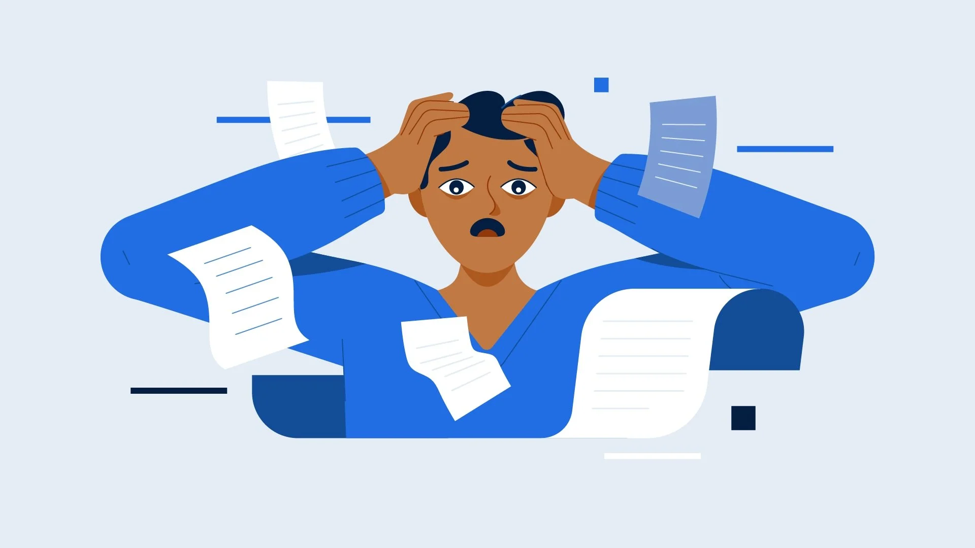 Illustration of a person holding their head with a stressed or overwhelmed expression, surrounded by scattered sheets of paper.