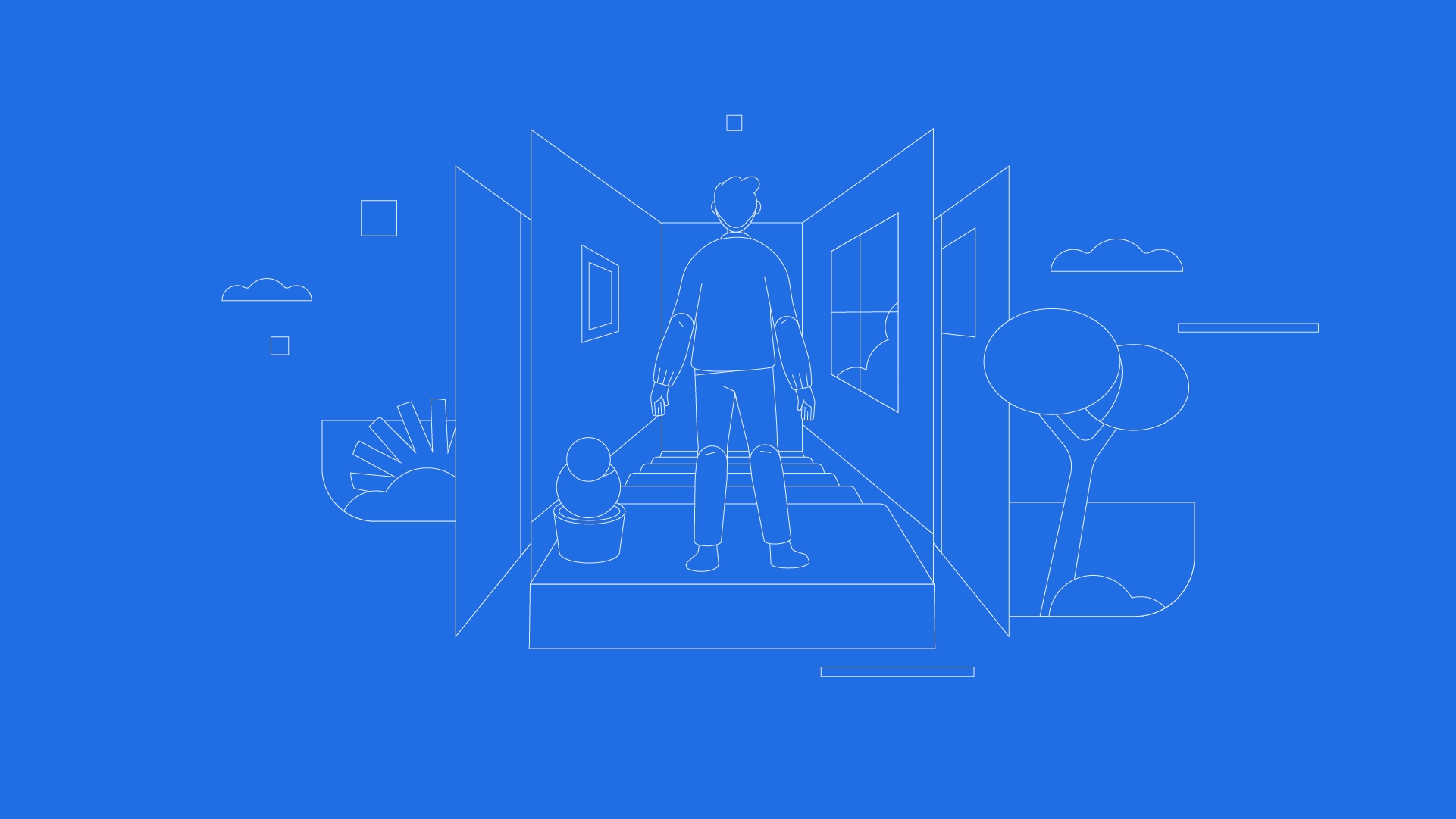 Line drawing of a person walking upstairs in a house, with windows and plants on the patio, on a solid blue background.