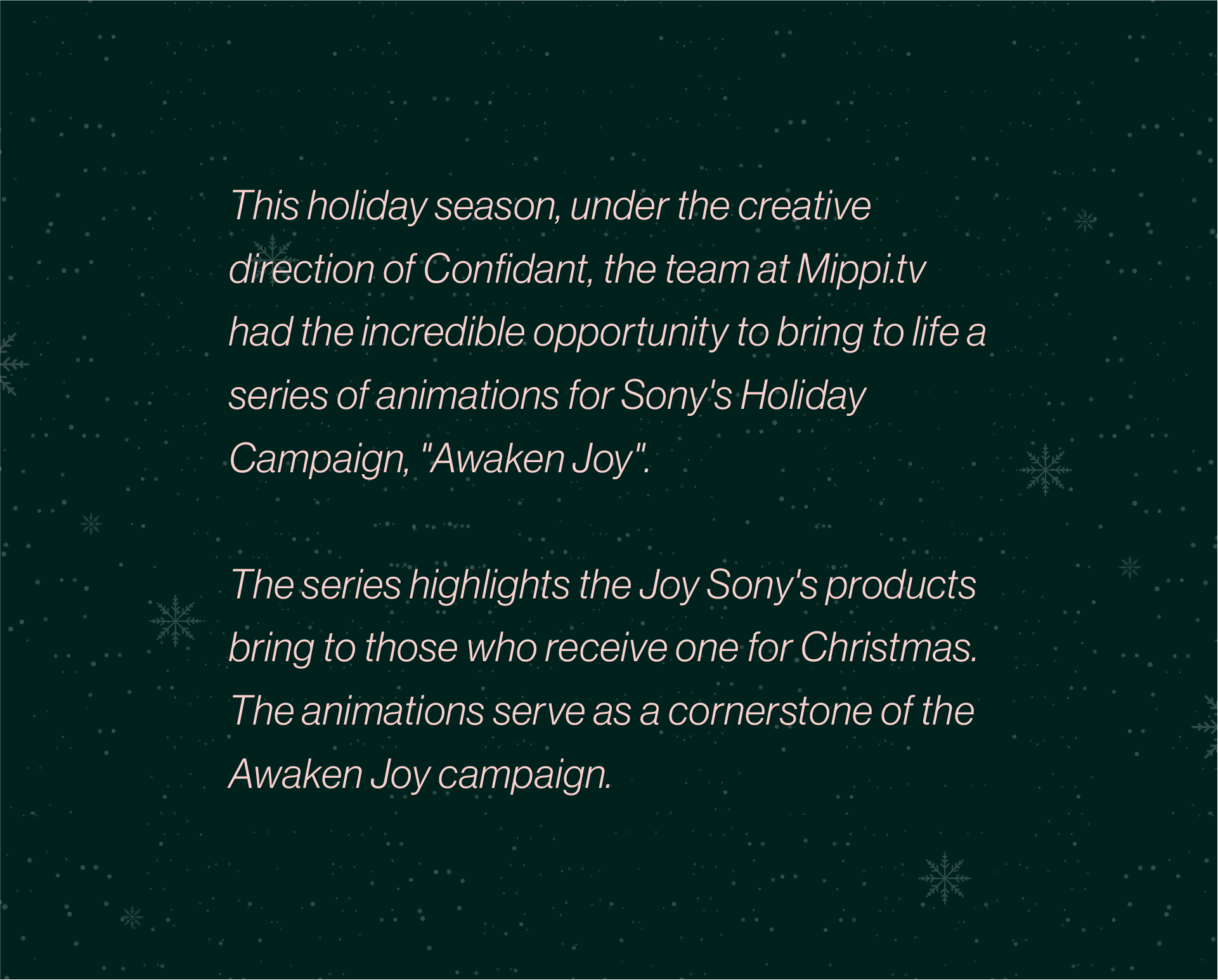 Holiday-themed graphic with snowflakes and text about Sony's holiday campaign 'Awaken Joy', describing animation series that highlight Sony's products for Christmas.