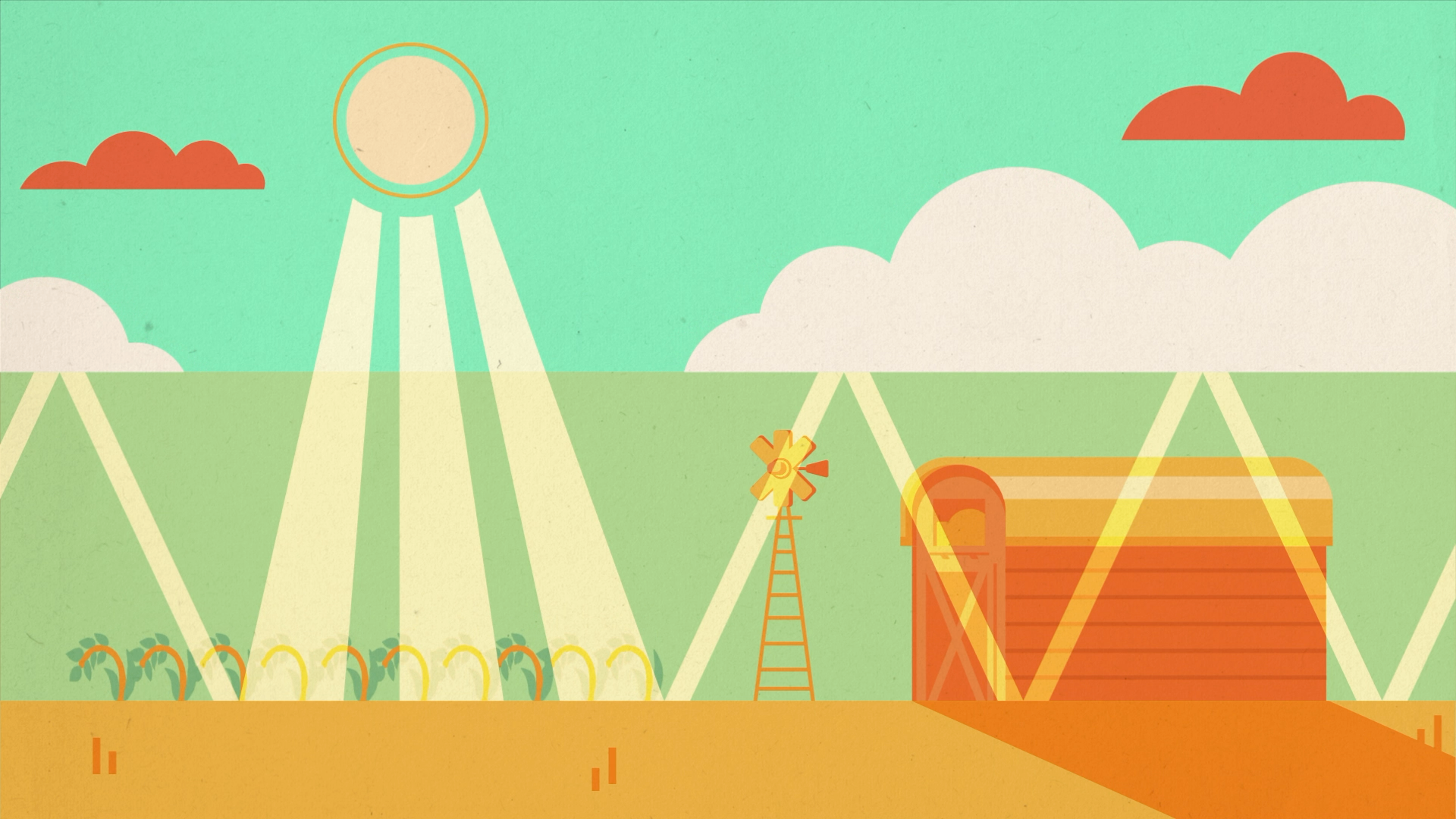 A stylized digital illustration of farmland with crops, a barn, a windmill, and a silo under a partly cloudy sky with a sun.