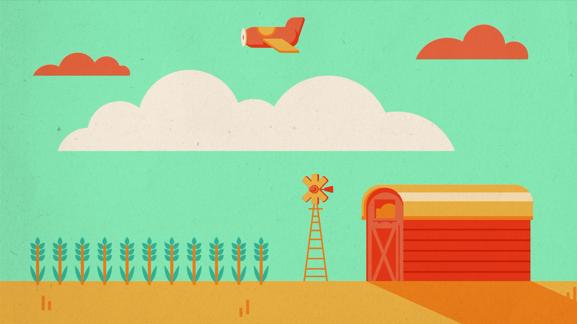 Digital illustration of a farm scene with a row of corn stalks, a windmill, a red barn, and a sky with clouds and a small airplane.