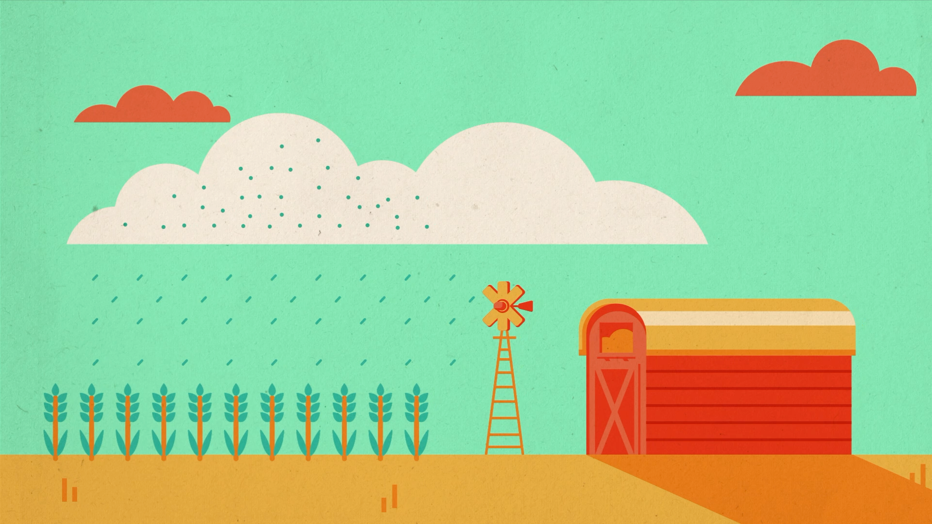 A stylized farm scene with a green sky, orange clouds, a white cloud with raindrops, a row of corn plants, a windmill, a red barn, and a small section of the ground.