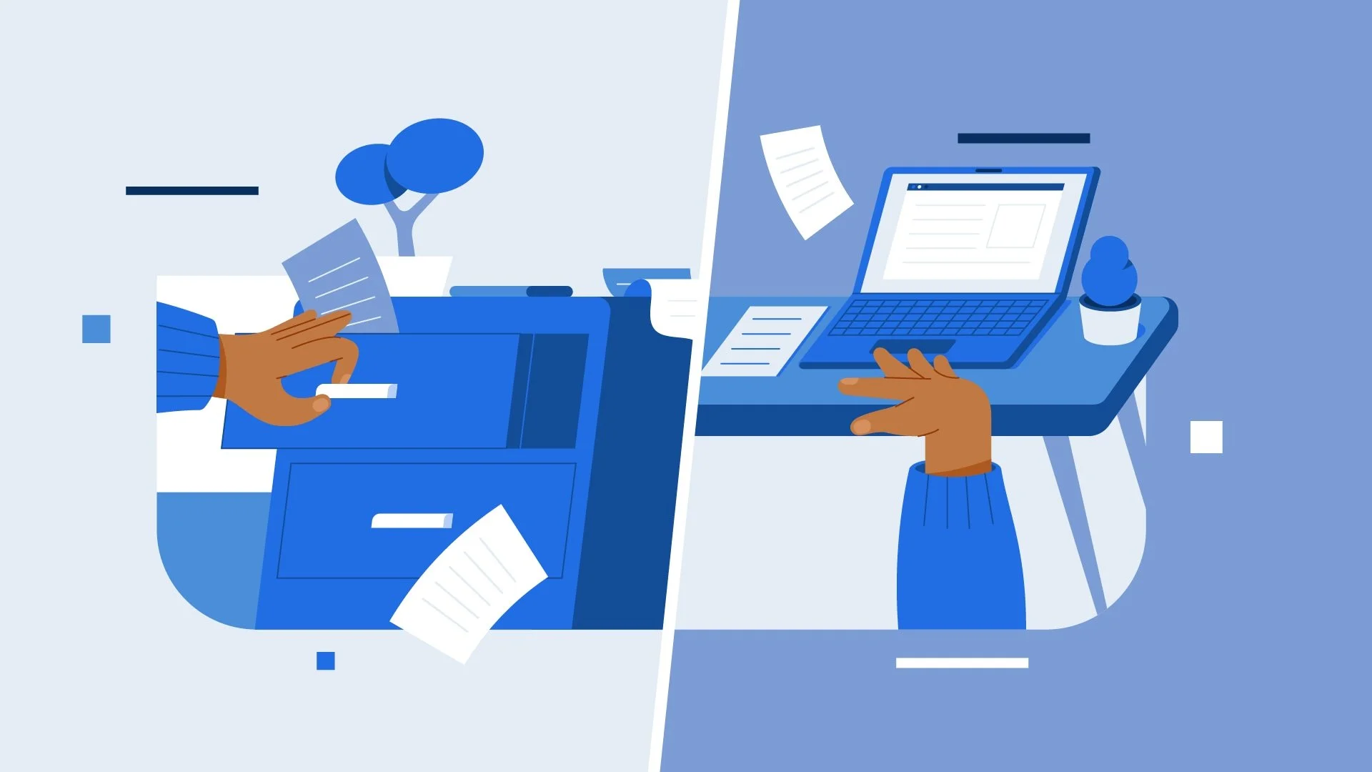 Illustration split into two scenes: on the left, a person casting a ballot into a blue ballot box with scattered sheets of paper. on the right, a person working at a desk with a laptop, papers, and a small potted plant.