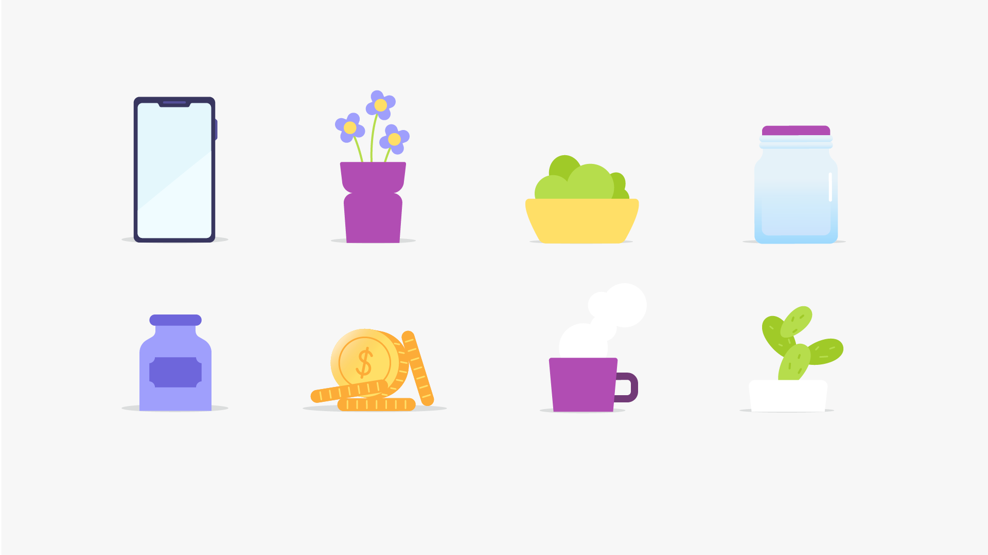 A collection of digital illustrations including a smartphone, a potted plant with purple flowers, a bowl of green fruit, a jar with a purple lid, a purple medicine bottle, coins, a steaming purple mug, and a small potted cactus.
