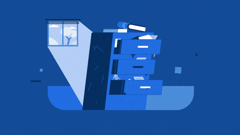 Illustration of an untidy blue dresser with open drawers filled with papers and books, a spider web on the side, and a window showing a tree outside.
