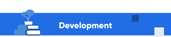 Blue banner with the word 'Development' and an icon of a stack of books with a leaf growing from the top.
