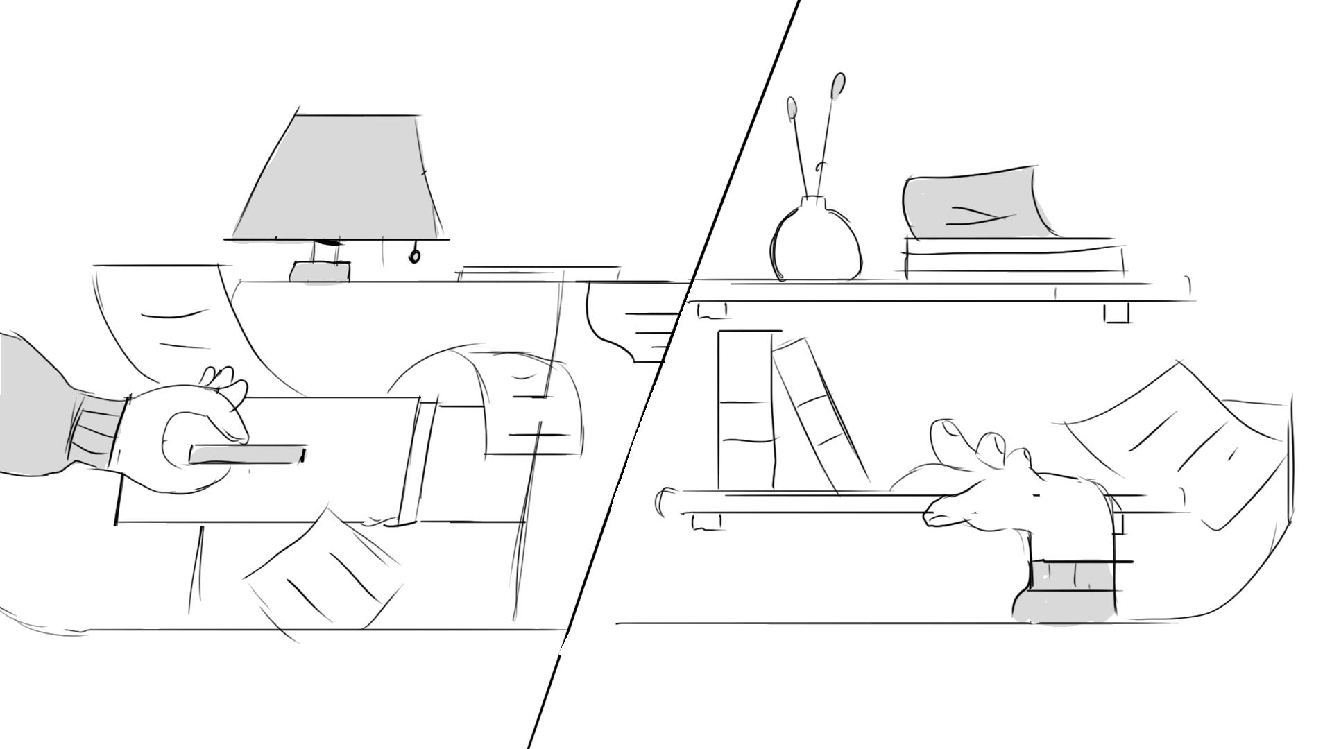 Sketch of two people seated at desks, one using a tablet and the other using a laptop, with shelves and decorative items in the background.