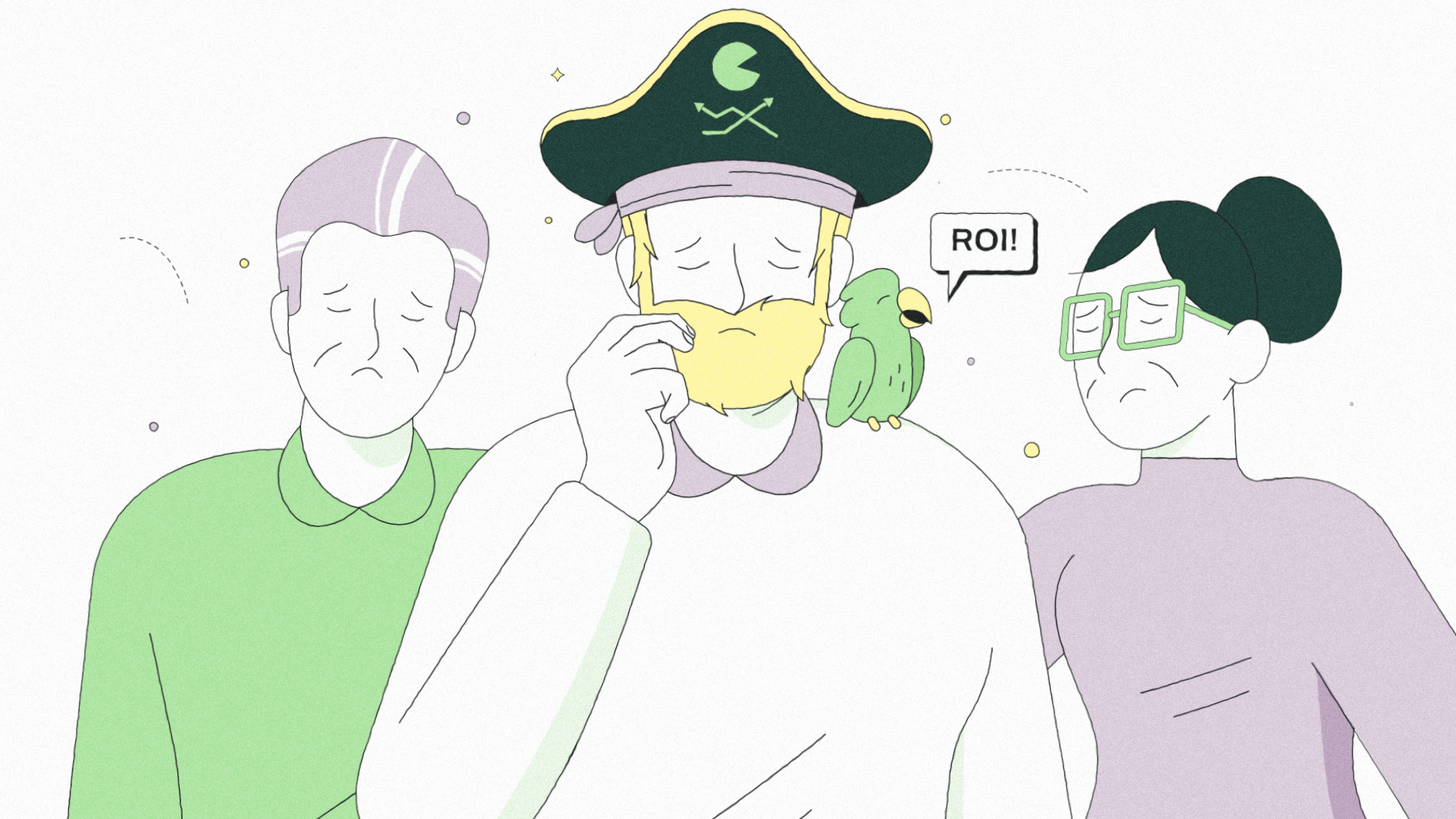 Three people with sad expressions, one dressed as a pirate with a parrot on his shoulder saying 'ROI!!'