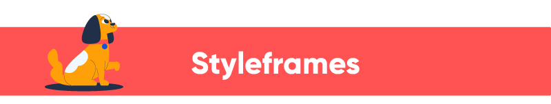 A cartoon illustration of an orange dog with black ears, white spots and a red collar, sitting on a small shadow, against a red and white background with the word "Styleframes" in white text.