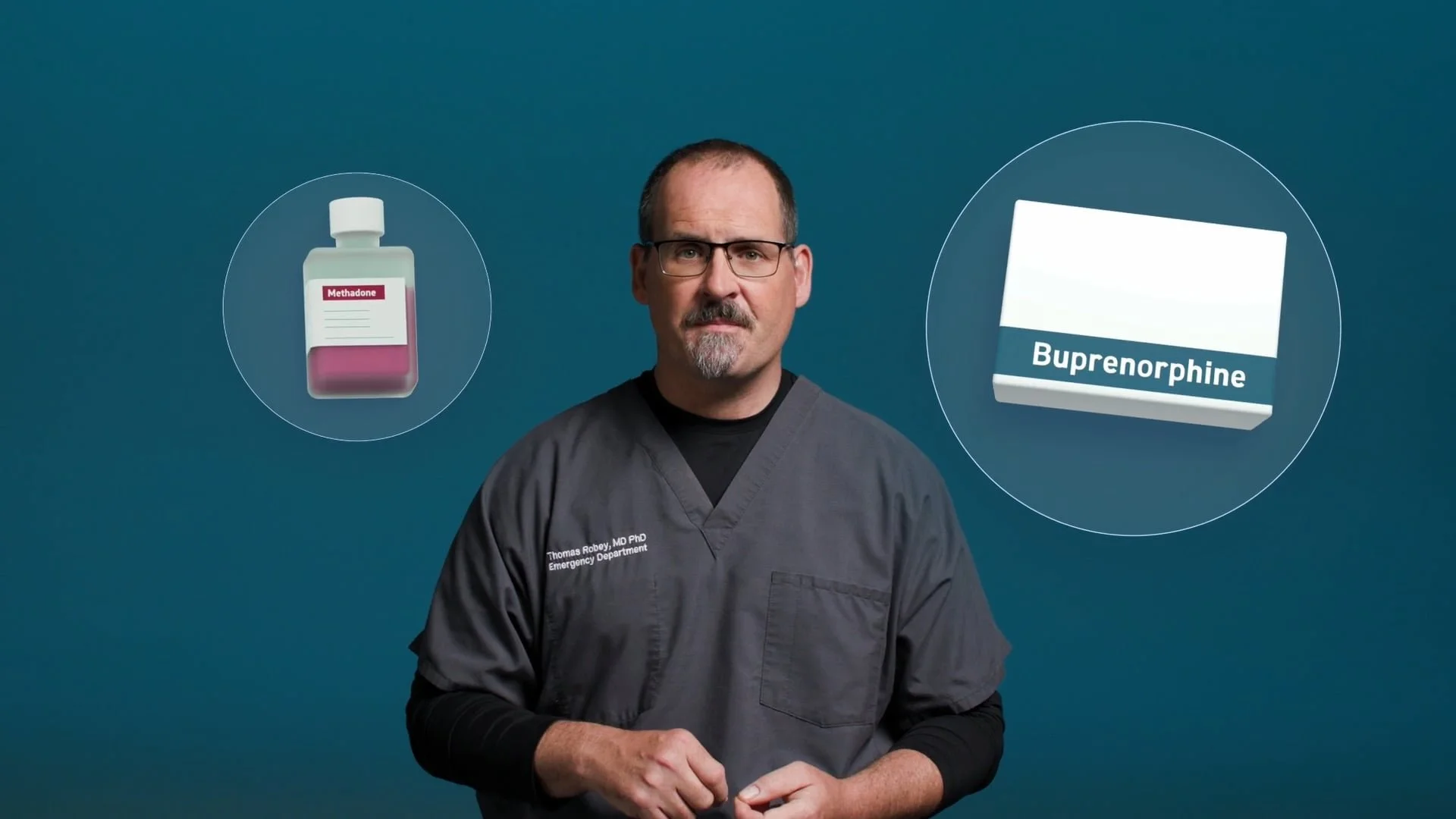 A male healthcare professional doctor with glasses and a beard, wearing dark scrubs, standing against a teal background with floating images of a methadone bottle and a box of buprenorphine.