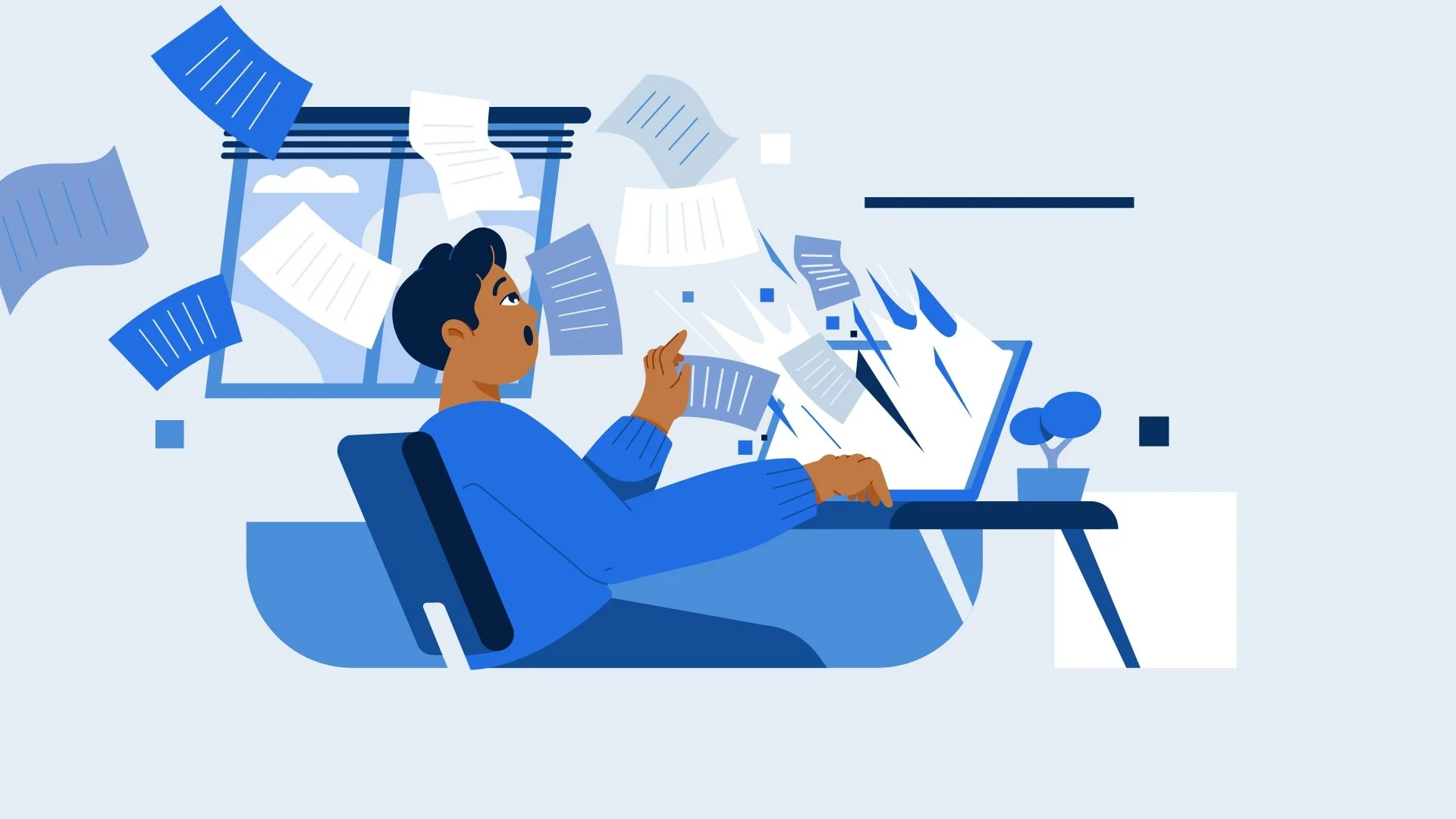 An illustrated person sitting at a desk working on a computer, surrounded by flying papers.