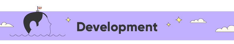 Illustration of a human head outline emerging from water, with a small flag on top, and clouds and stars in the background, with the word 'Development' in bold.