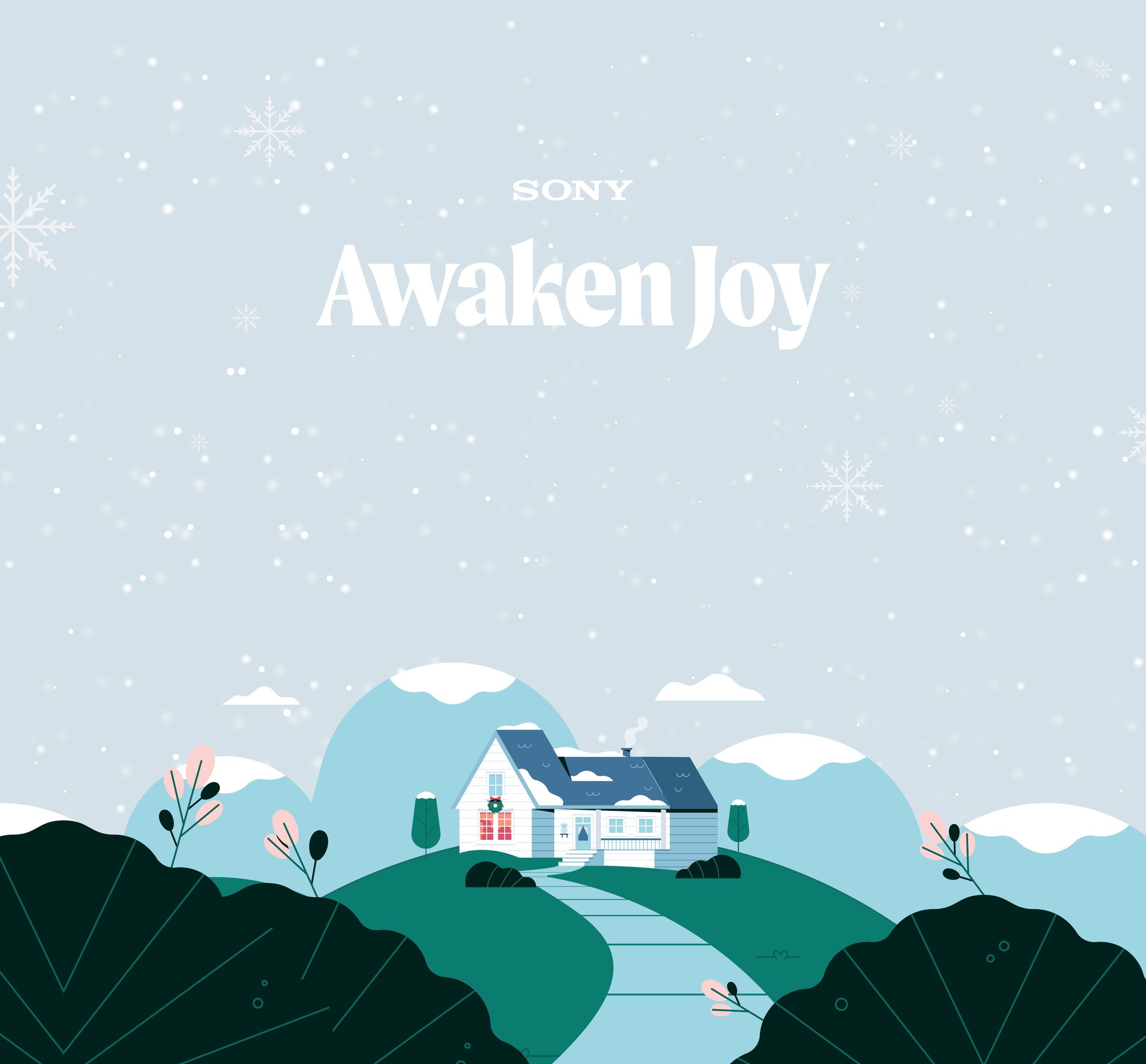 A digital illustration of a house with a snowy landscape, trees, and hills in the foreground, under a snow-covered sky with snowflakes.