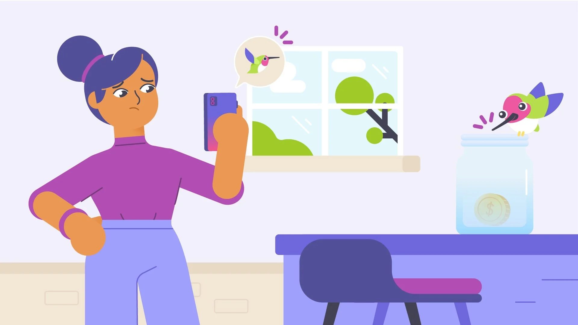 A woman in purple and blue outfits taking a photo of a colorful hummingbird illustration with her smartphone inside a room with a window and a jar on a table.