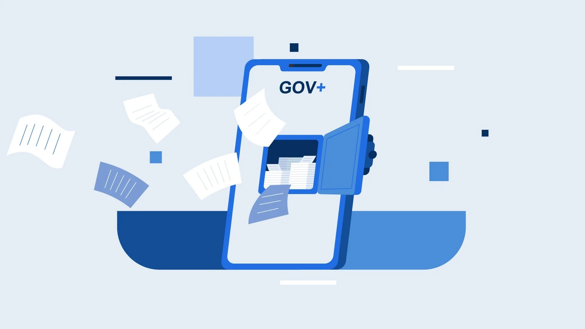 A digital illustration of a smartphone with the text 'GOV+' on the screen, surrounded by floating papers and folder icons, representing government documentation or online government services.