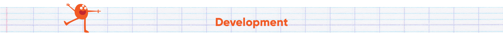 Illustration of a cheerful cartoon apple character jumping on a sheet of graph paper, with the word "Development" in bold orange letters.