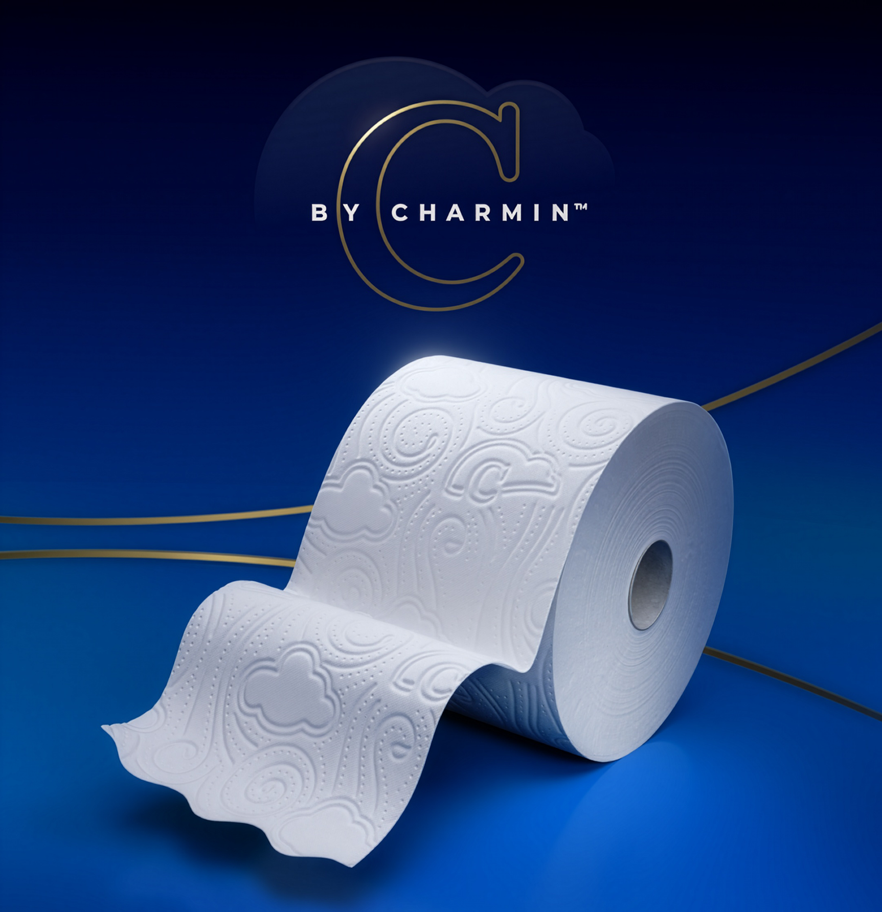 Two white rolls of textured toilet paper on a blue background with a 'BY CHARMIN' logo and a gold outline of a letter C.
