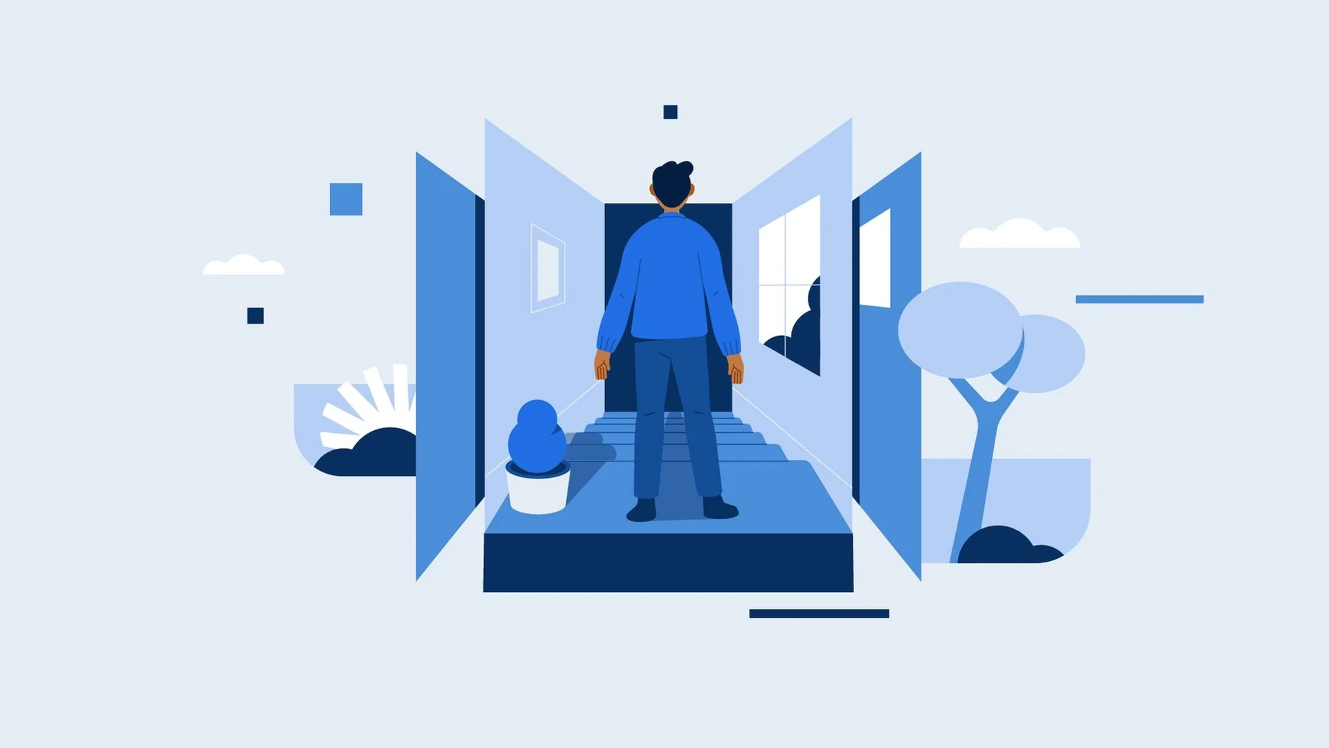 Illustration of a man standing on steps in front of an open door, with a potted plant and a tree in a stylized outdoor setting.