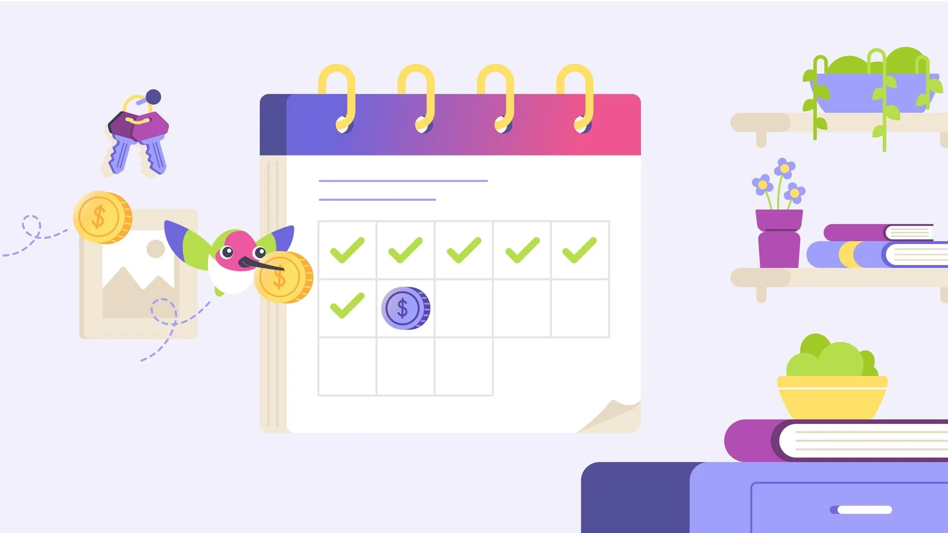 Digital illustration of a weekly planner with checkmarks and a dollar sign, with decorative plants and books on shelves, and coins and a bird with coins near the planner.