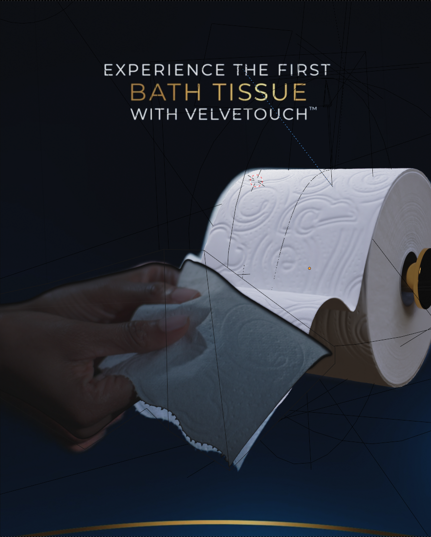 Close-up of a person holding a piece of white bath tissue with embossed swirl patterns, with a roll of tissue in the background and text that reads 'Experience the first bath tissue with Velvotouch' on a dark background.