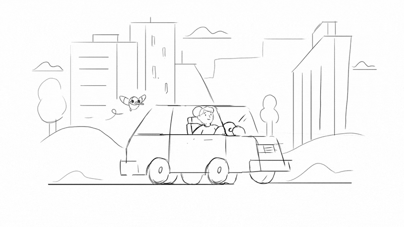 A line drawing of a city street with tall buildings, trees, a car with a driver, a person inside the car, a cyclist, and clouds in the sky.