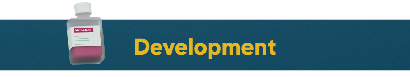 Illustration of a medicine bottle labeled 'Methadone' with the word 'Development' in bold yellow text beside it on a dark teal background.