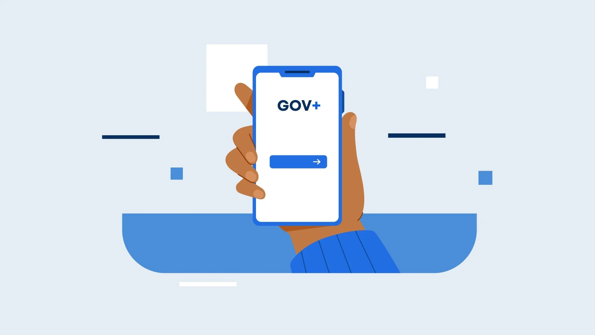 Illustration of a hand holding a smartphone with the text "GOV+" on the screen, against a light blue background with abstract geometric shapes.