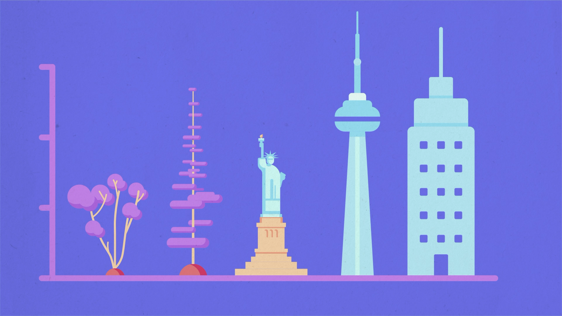Illustration of famous landmarks in Toronto and New York City against a purple sky, including the Statue of Liberty, Empire State Building, and CNTower, with stylized trees and a measuring scale.