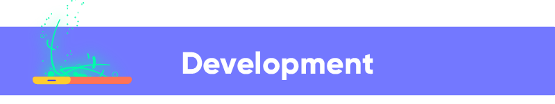 Blue banner with the word "Development" in white text, virus coming out of a phone.