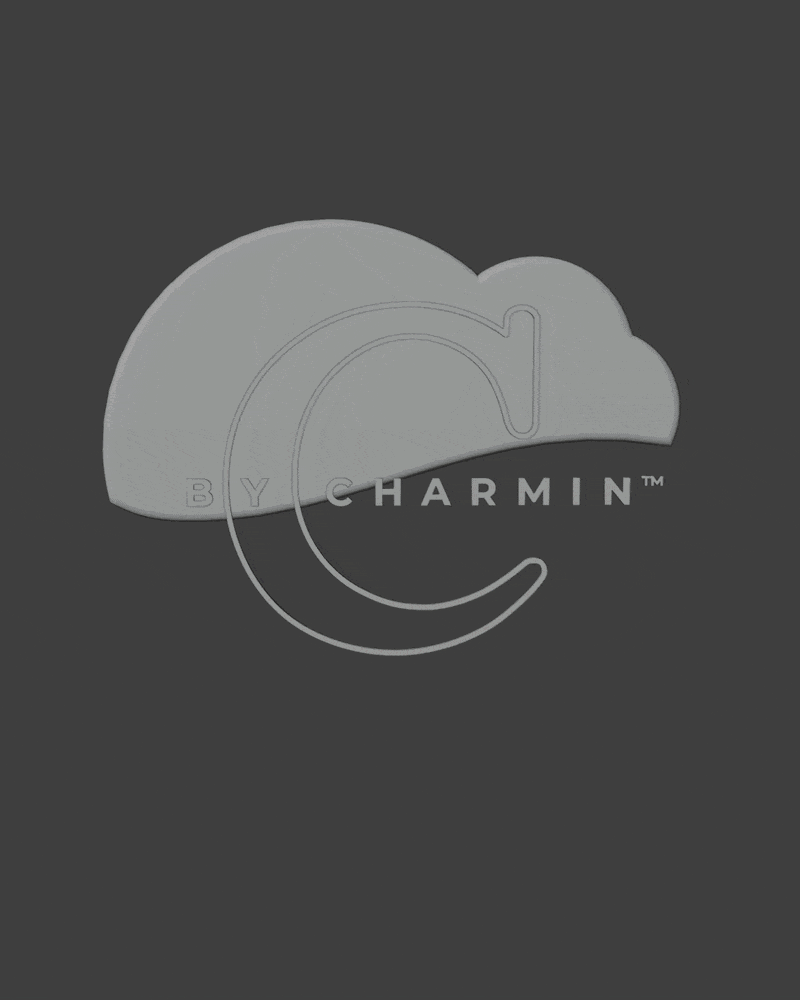 Silver badge with a crescent moon shape and the text 'BY CHARMIN' on a dark background.