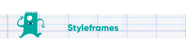 Stylish text reading 'Styleframes' on lined notebook paper background with a cartoon blue character on the left.