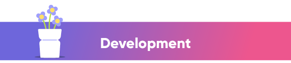 Gradient background with a white potted plant on the left and the word 'Development' in bold white text on the right.